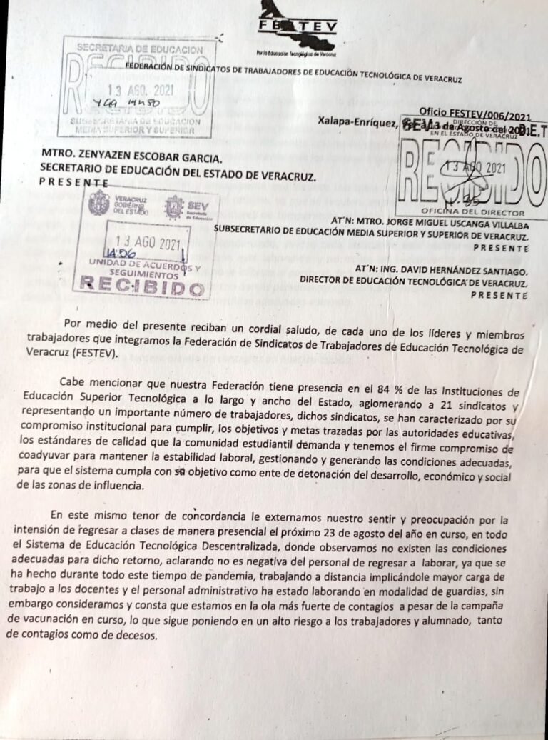 Tecnológicos veracruzanos sin recursos para aplicar medidas sanitarias anticovid: FESTEV