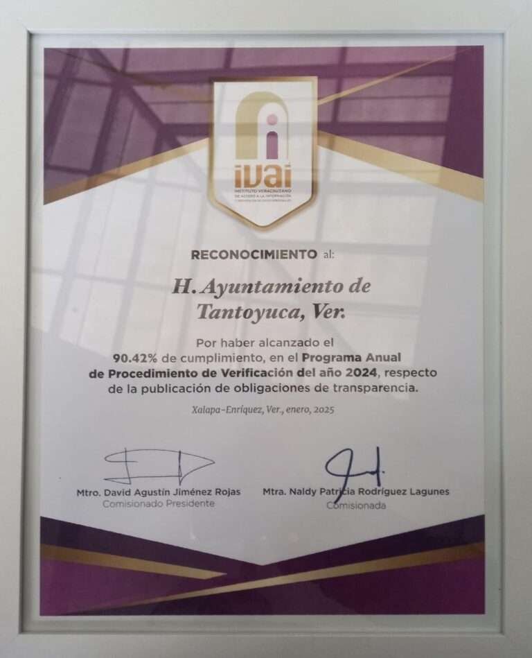En Transparencia y Acceso a la Información IVAI reconoce labor del H. Ayuntamiento de Tantoyuca